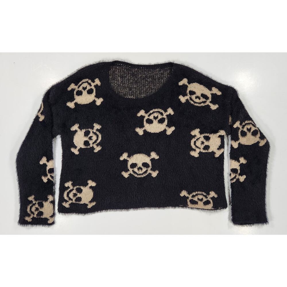 Whimigoth Large Black Fuzzy Skull Print Cropped Pullover Sweater Goth Grunge